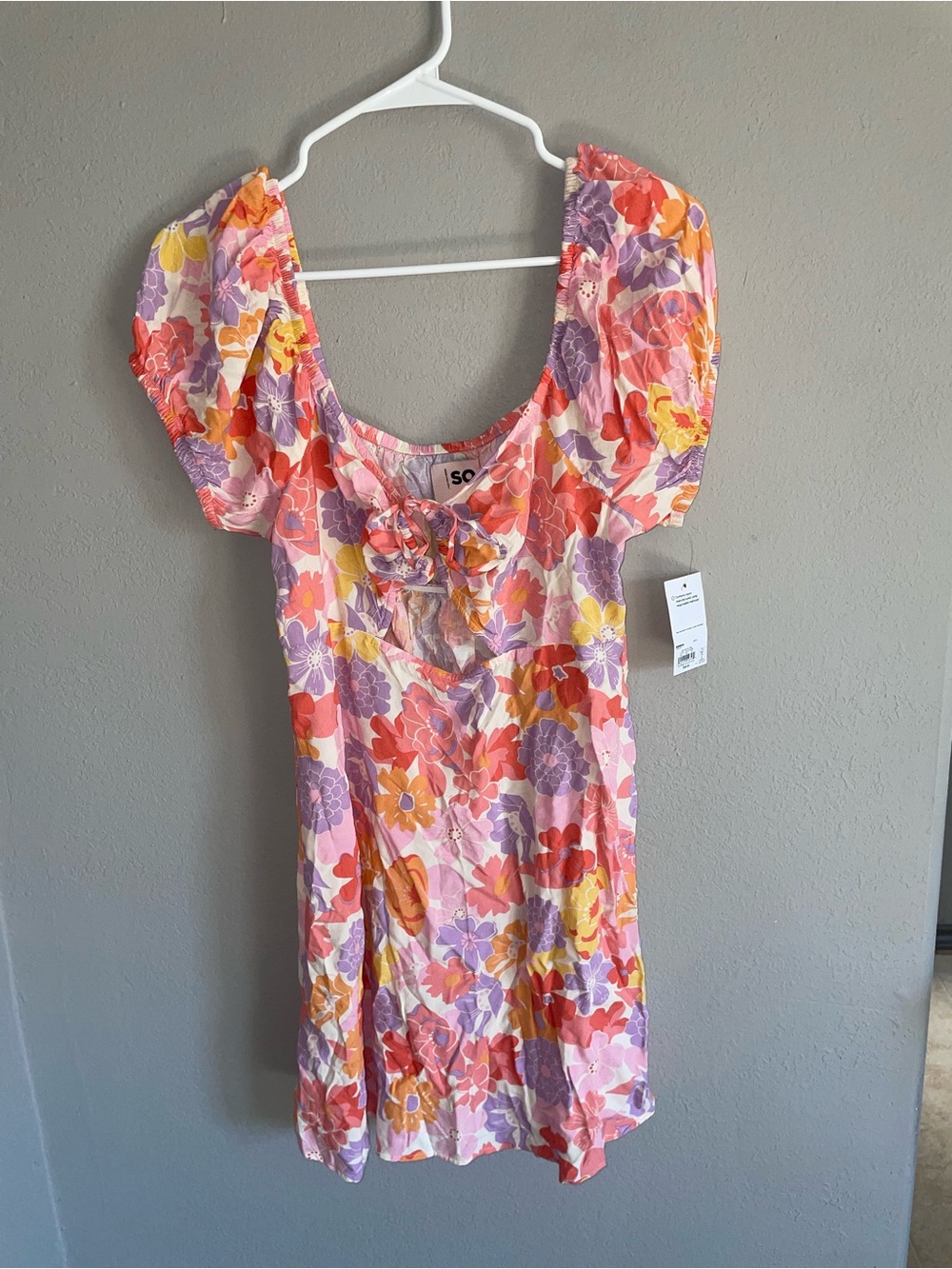 SO Pink Floral Puff-Sleeve Mini Dress with Orange, Yellow & Purple Accents
